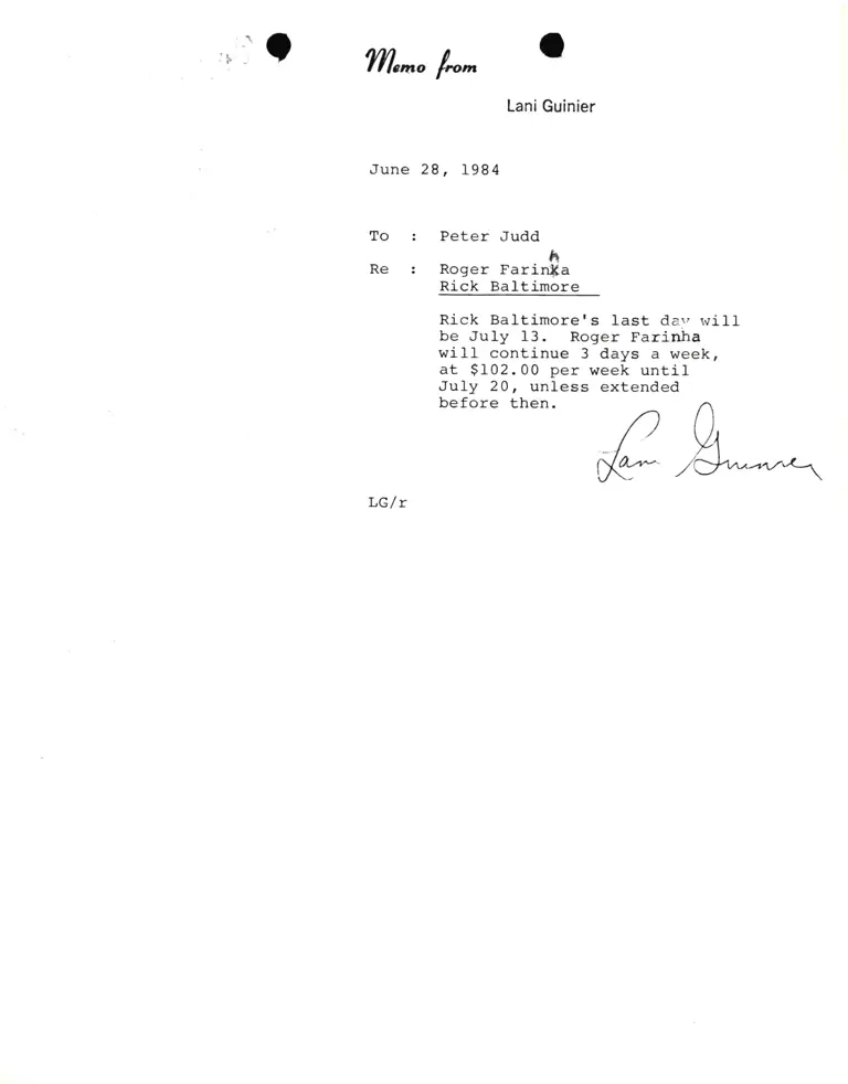 Memo from Lani Guinier to Peter Judd RE: Roger Farinha and Rick Baltimore preview