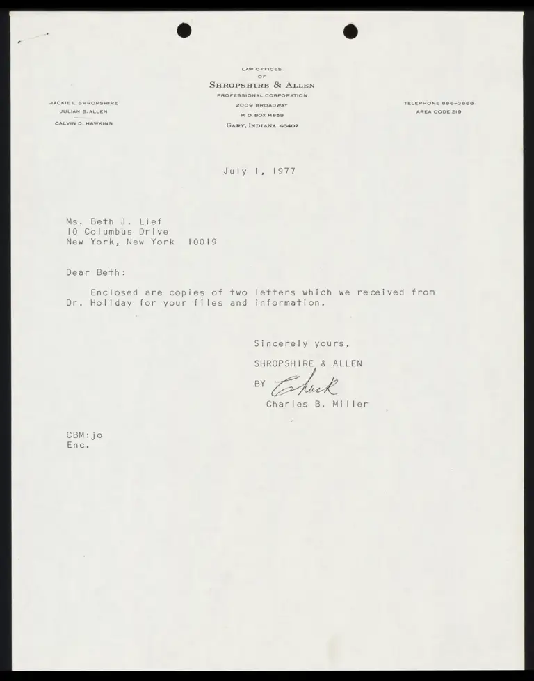 Correspondence from Miller to Lief Re: Dr. Holiday Letters preview