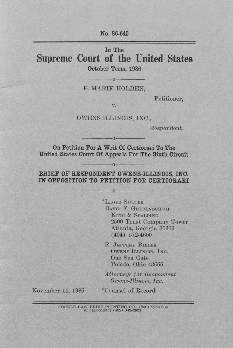 Holden v. Owens-Illinois, Inc. Brief of Respondent in Opposition to Petition for Certiorari preview