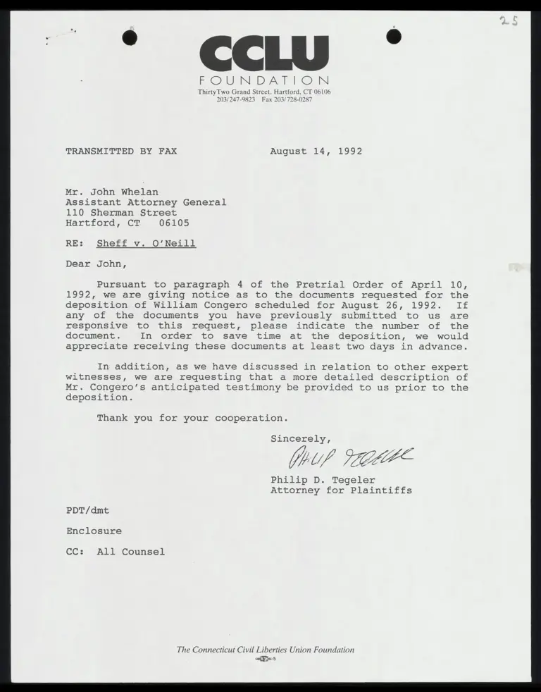 Correspondence from Tegeler to Whelan with Deposition Subpoena for William Congero preview