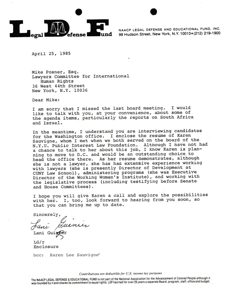 Correspondence from Lani Guinier to Mike Posner (Lawyers Committee for International Human Rights) preview