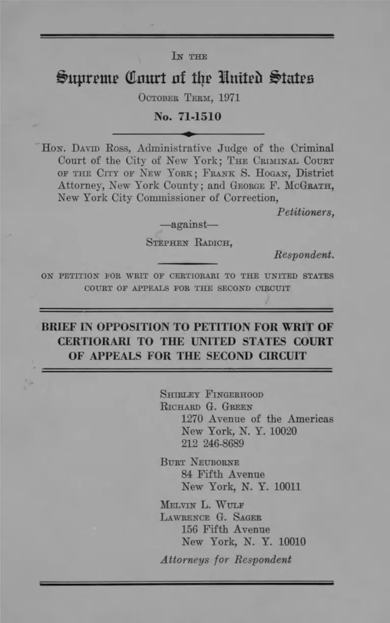 Ross v Radich Brief in Opposition to Petition for Writ of Certiorari preview