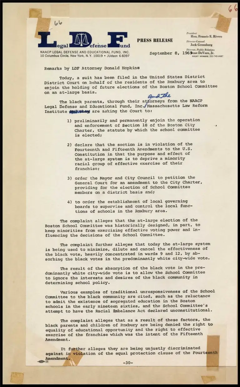 Remarks by Hopkins on Boston School Committee Suit preview