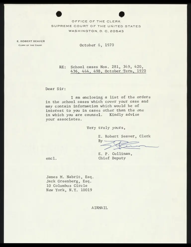 Correspondence from Clerk to Nabrit and Greenberg Re: Orders preview