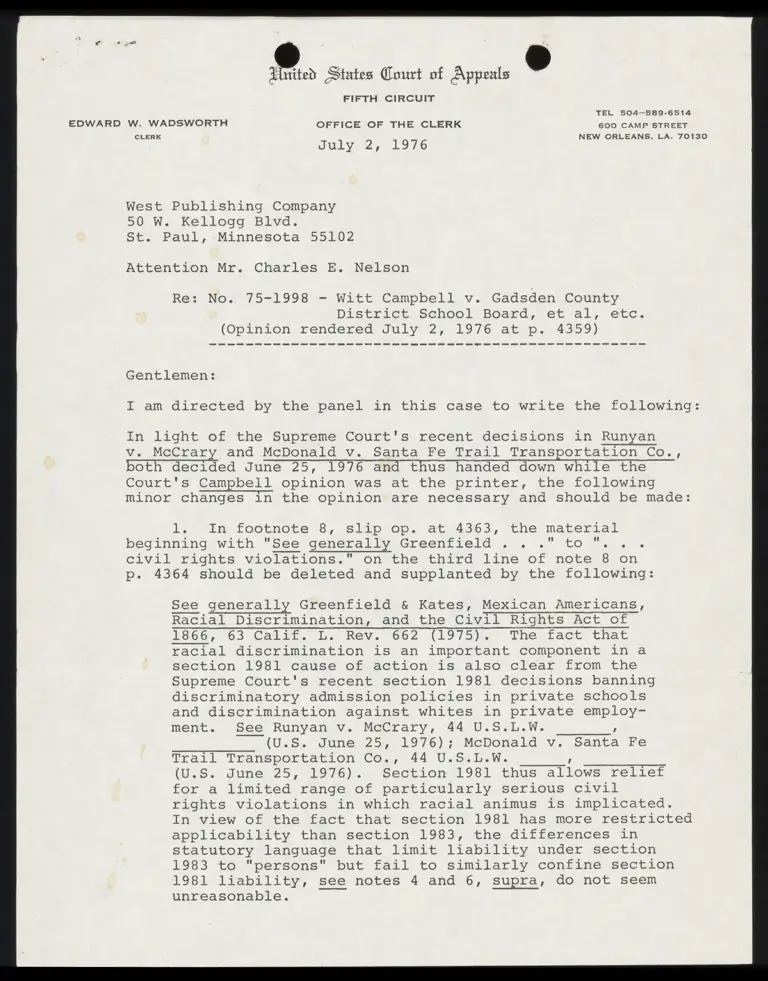 Correspondence from Clerk to West Publishing Company preview