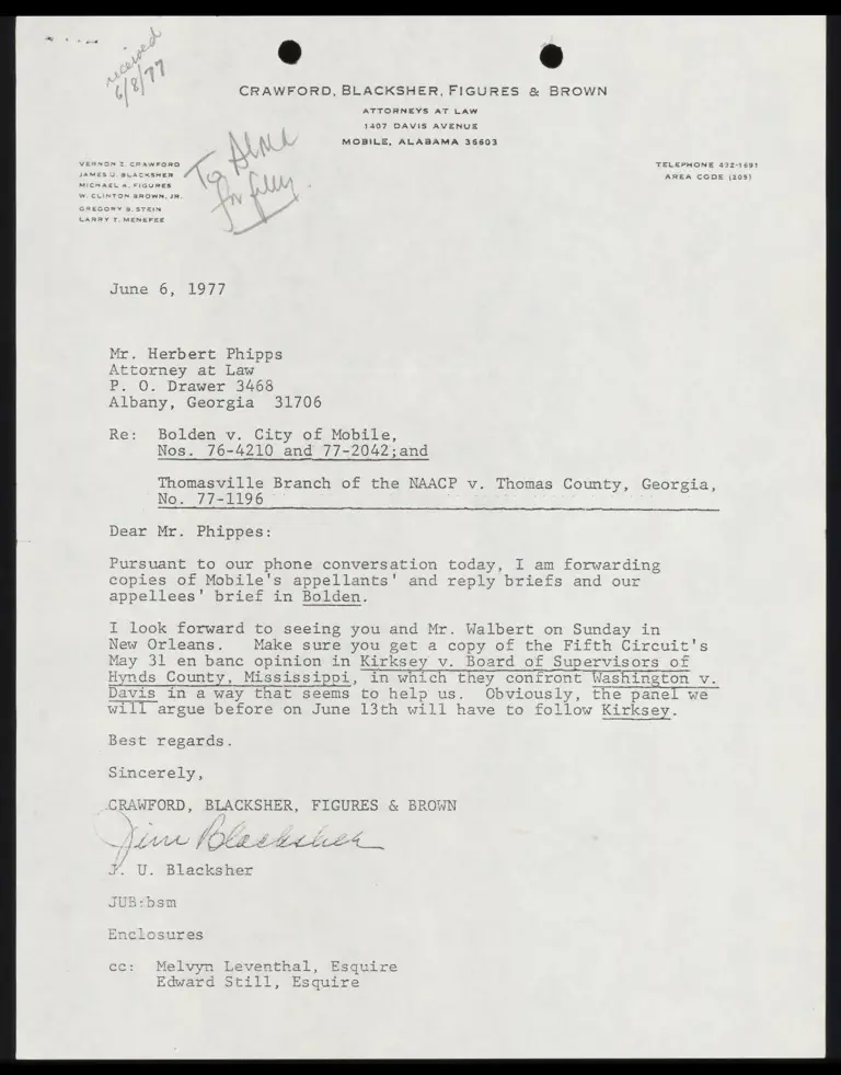 Letter to Phipps from Blacksher RE: Mobile's Appellants and Appellees Reply Briefs preview