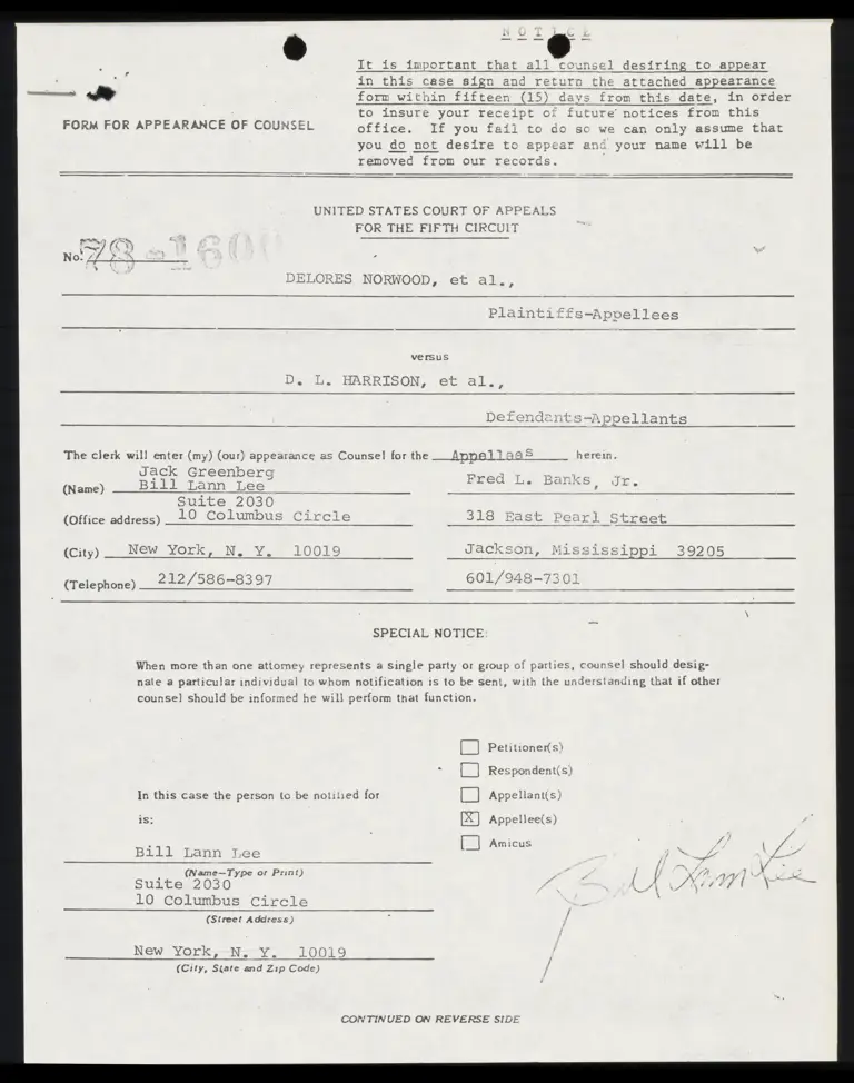 Form for Appearance of Counsel of Greenberg, Lee, and Banks preview