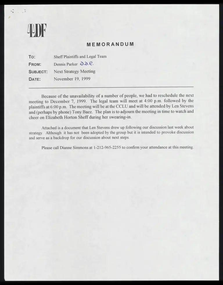 Memo RE: Next Strategy Meeting with Attached Plaintiff Plan preview
