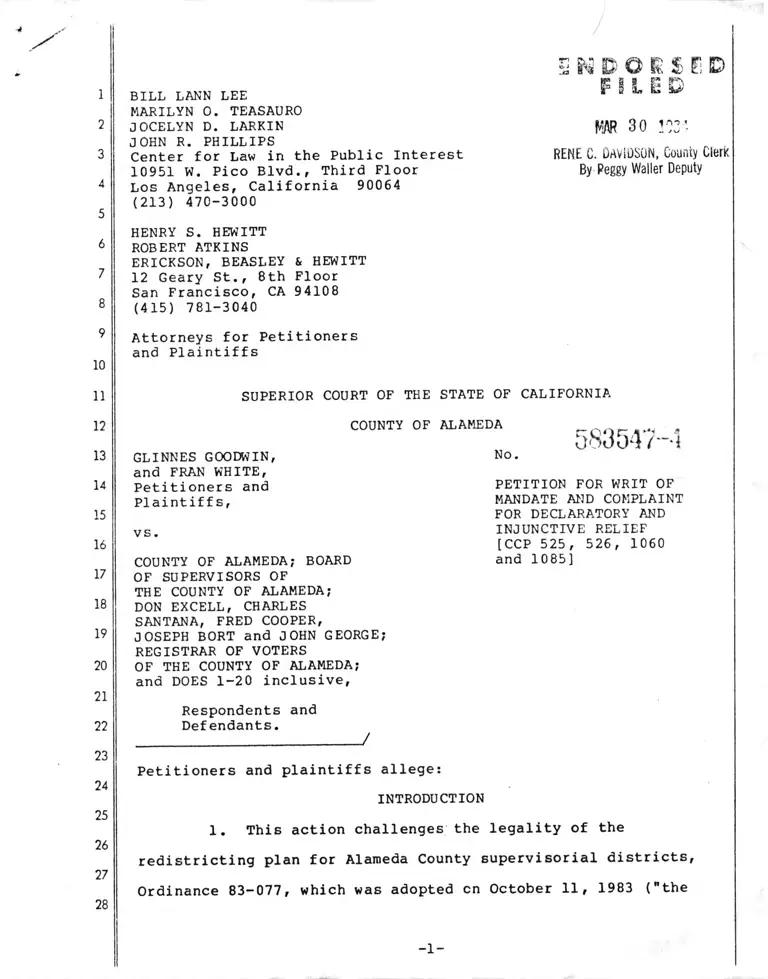 Goodwin v. Alameda County Petition for Writ of Mandate and Complaint for Declaratory and Injunctive Relief preview