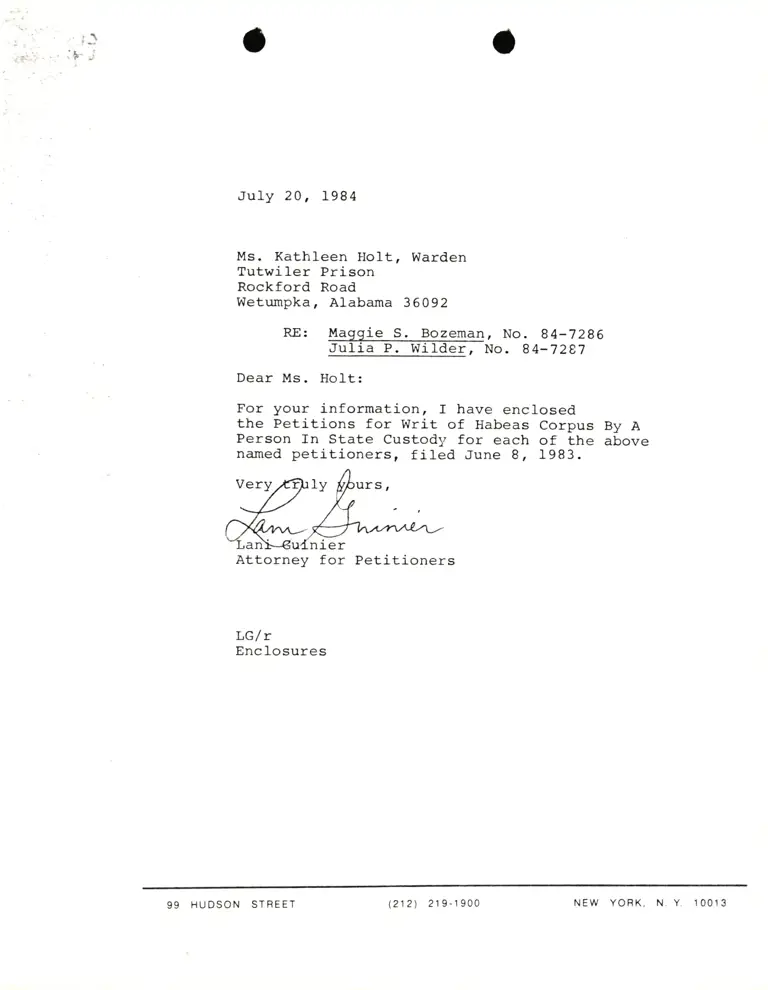 Letter from Lani Guinier to Kathleen Holt (Warden, Tutwiler Prison) Re Maggie S. Bozeman and Julia P. Wilder preview