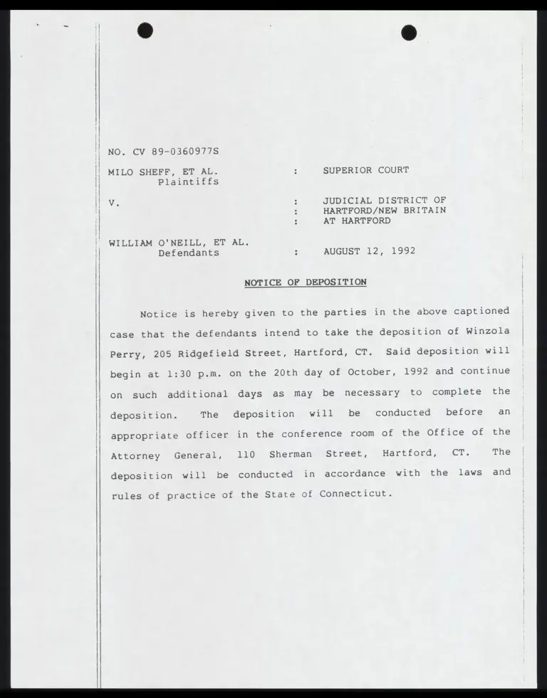 Notice of Deposition of Winzola Perry preview