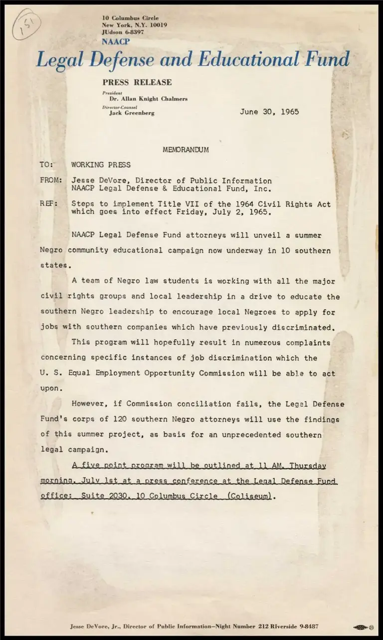 Memo on Program to Implement Civil Rights Act Title VII preview