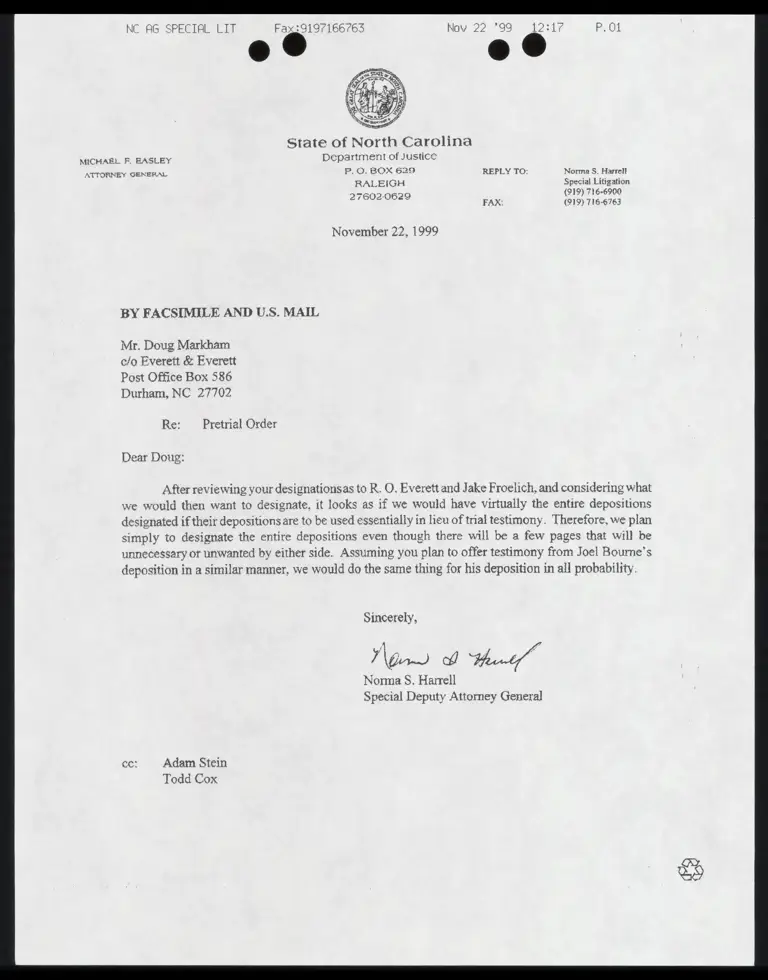 Letter to Markham from Harrell RE: pretrial order preview