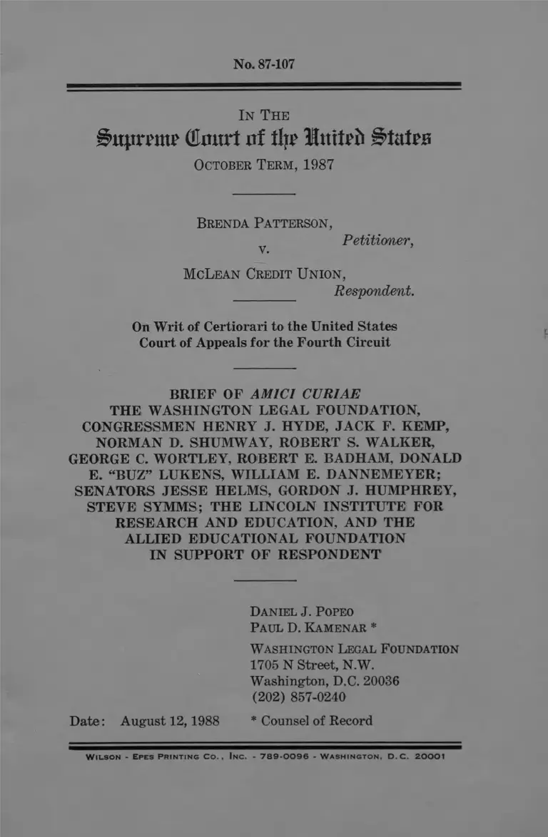 Patterson v. McLean Credit Union Brief Amici Curiae in Support of Respondent preview