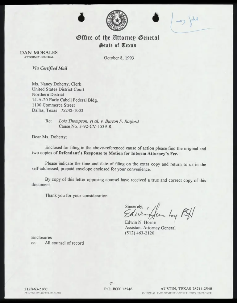 Defendant's Reponse to Motion for Interim Attorney's Fee  with Cover Letter preview