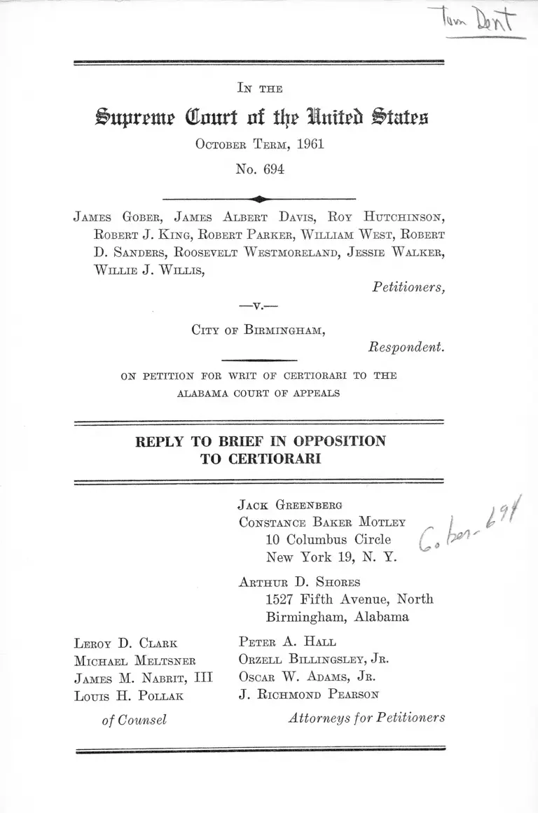 Gober v. City of Birmingham Reply to Brief in Opposition to Certiorari preview