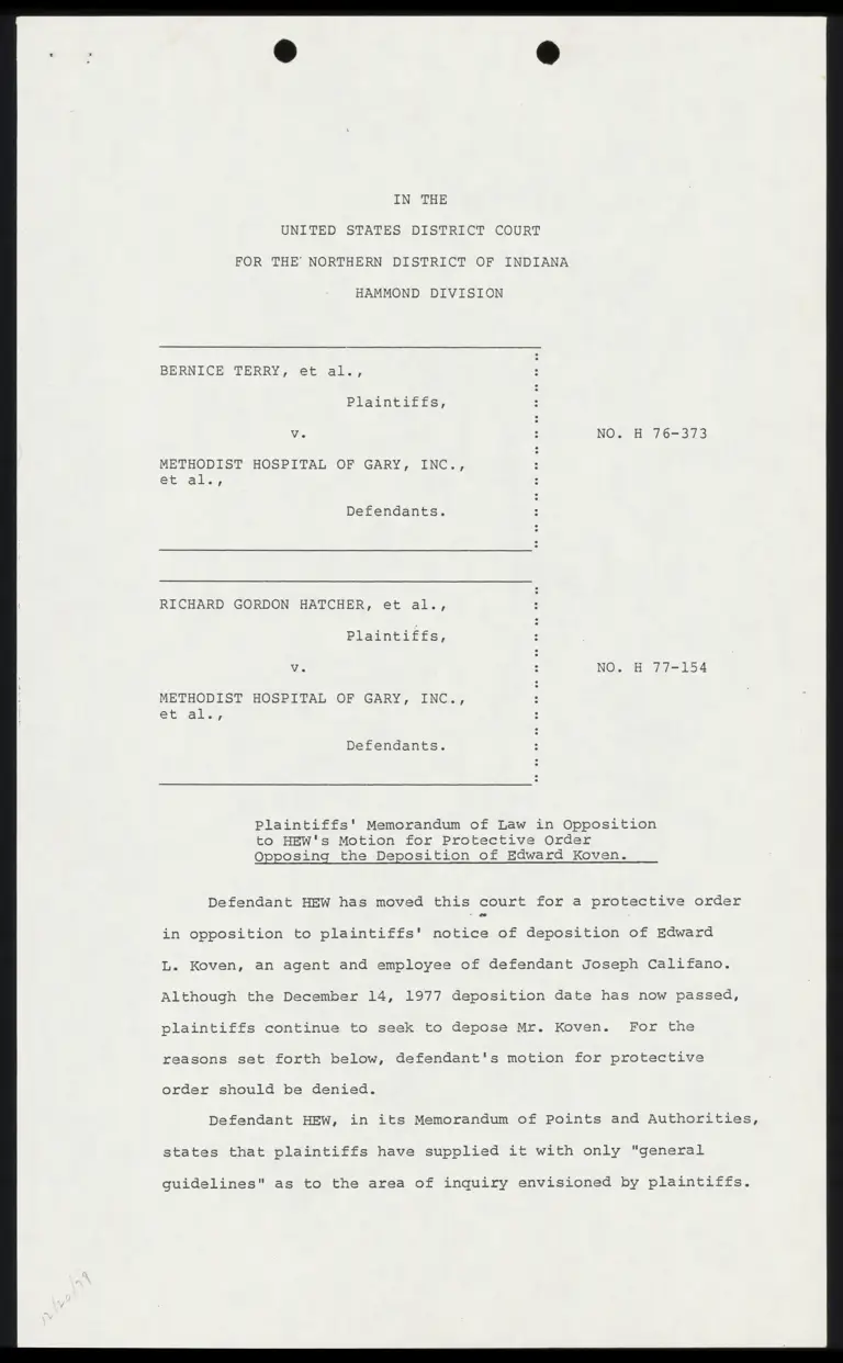 Plaintiffs' Memorandum of Law in Opposition to HEW's Motion for Protective Order Opposing the Deposition of Edward Koven preview