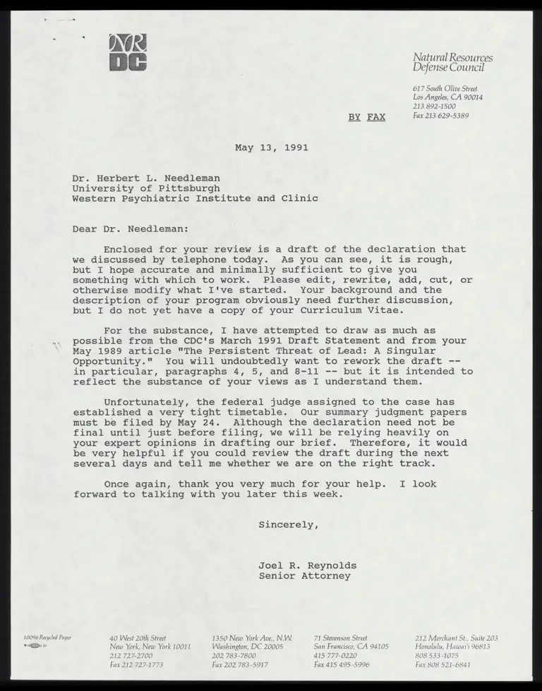 Correspondence from Reynolds to Needleman with Draft Declaration preview