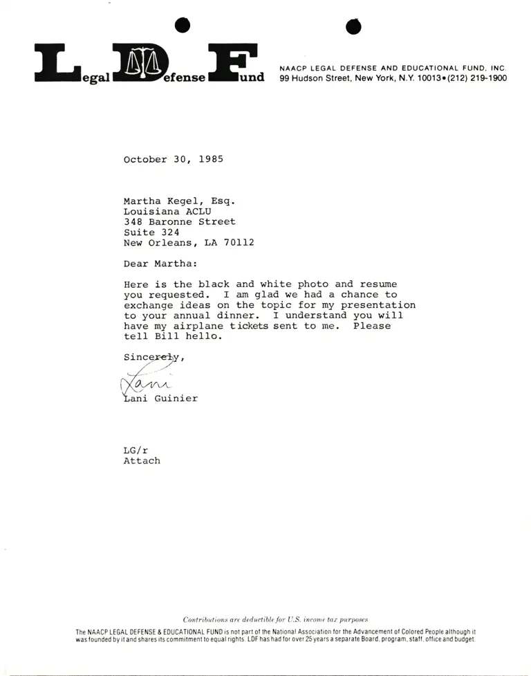 Correspondence from Lani Guinier to Martha Kegel, Esq. (Louisiana ACLU) preview