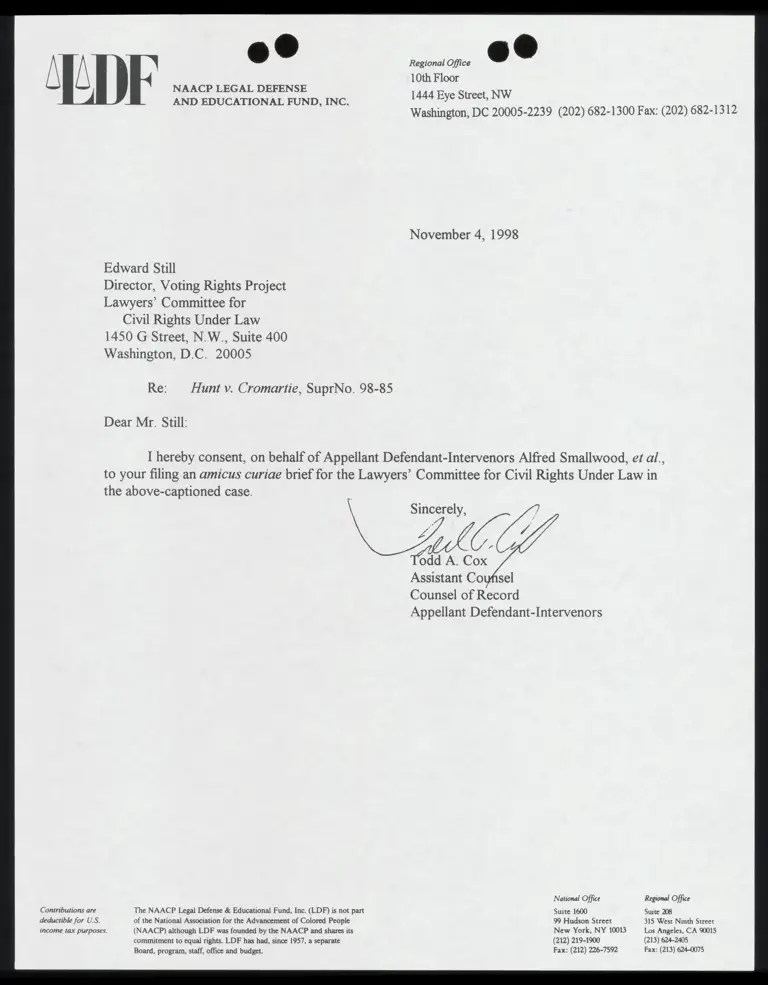 Letter From Cox To Still RE: Consent To Filing Amicus Brief By The Lawyers’ Committee preview