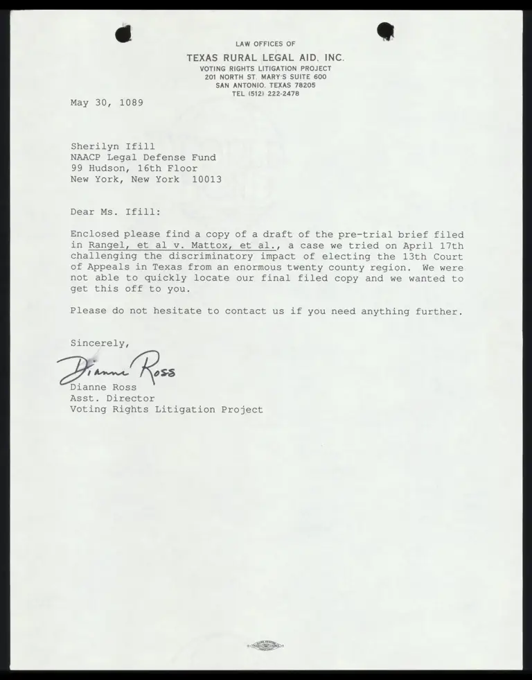 Correspondence from Ross to Ifill with Rangel v. Mattox Draft Pretrial Brief preview