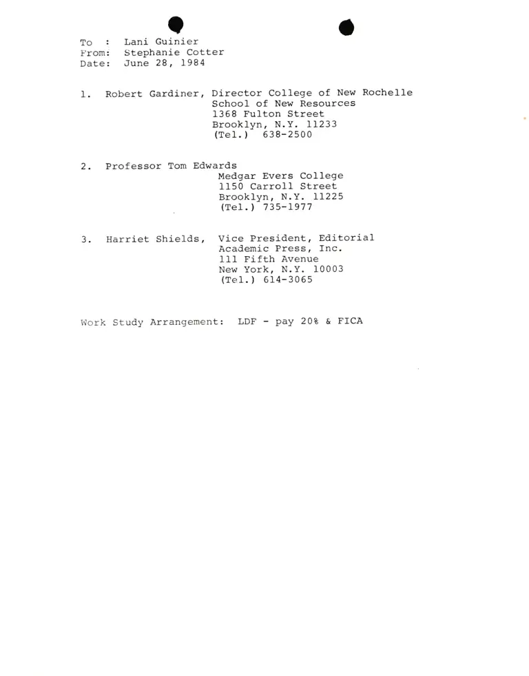Memo from Stephanie Cotter to Lani Guinier preview