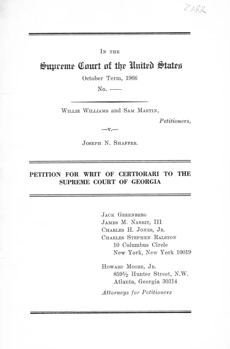 WIlliams v. Shaffer Petition for Writ of Certiorari preview