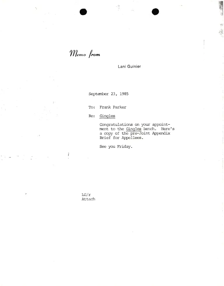 Memorandum from Lani Guinier to Frank Parker Re Thornburg v. Gingles preview