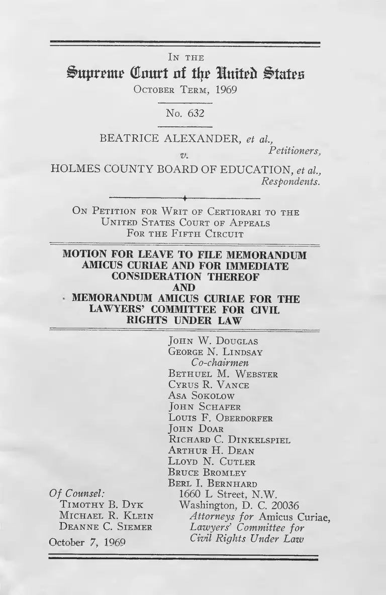 Alexander v. Holmes County Board of Education Motion for Leave to File Memo Amicus Curiae and Memo for Amicus Curiae the Lawyers' Committee for Civil Rights Under Law preview