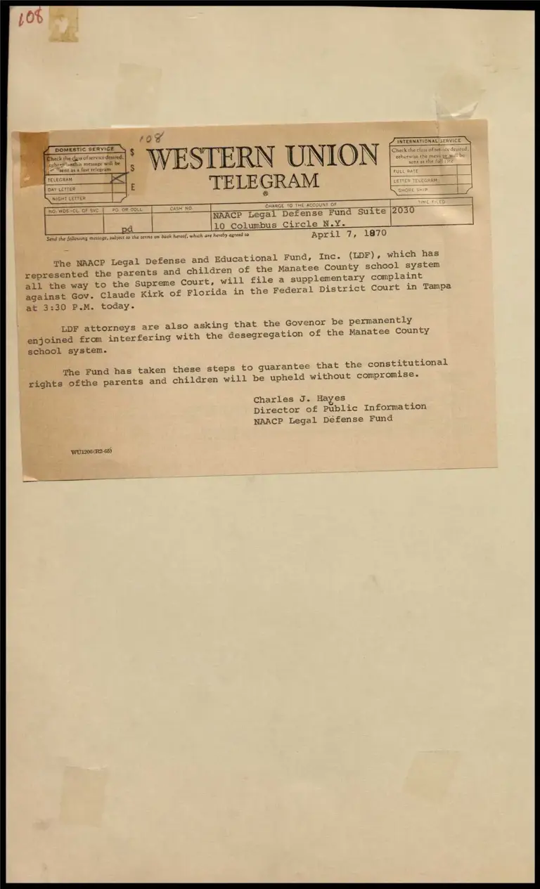 Supplementary Complaint Against Governor Kirk of Florida for Interfering with Desegregation of Manatee County Schools (Telegram) preview