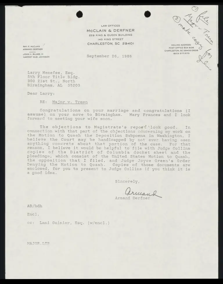 Correspondence from Derfner to Menefee; Docket; Order; Opposition to the Motion to Quash; Order; Exhibits; Motion to Quash; Deposition Subpoena for Gerald W. Jones; Notice of Deposition; Correspondence from Menefee to Jones preview
