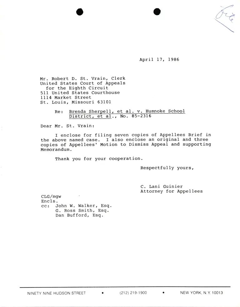 Correspondence from Lani Guinier to Robert D. St. Vrain (Clerk) Re: Sherpell v. Humnoke School District preview