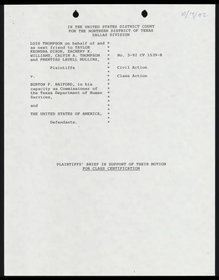 Plaintiffs' Brief in Support of Their Motion for Class Certification with Certificate of Service preview