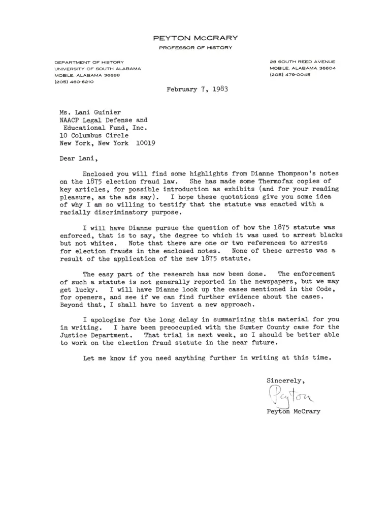 Correspondence from McCrary to Guinier preview