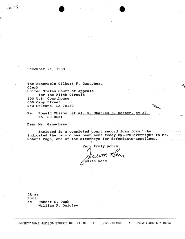 Correspondence from Reed to Ganucheau (Clerk); Court Record Loan Form preview