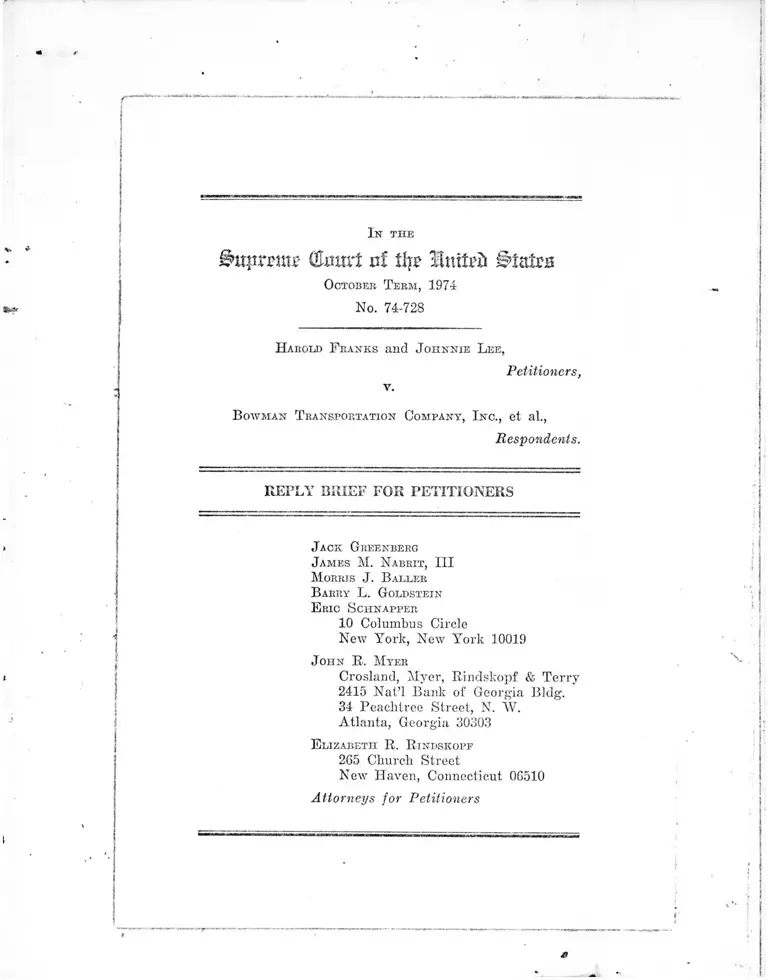 Franks v. Bowman Transportation Company Reply Brief for Petitioners preview