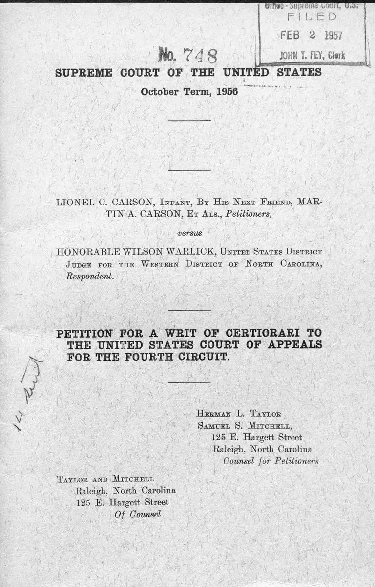 Carson v. Warlick Petition for a Writ of Certiorari to the United States Court of Appeals for the Fourth Circuit preview