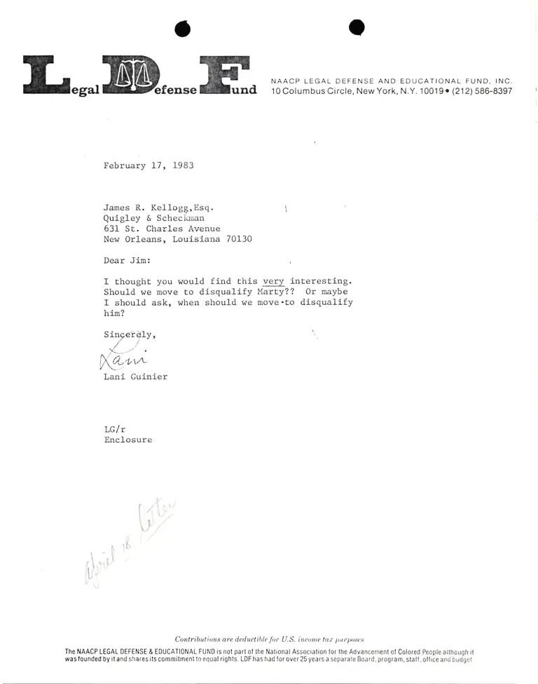 Correspondence from Lani Guinier to James R. Kellogg preview