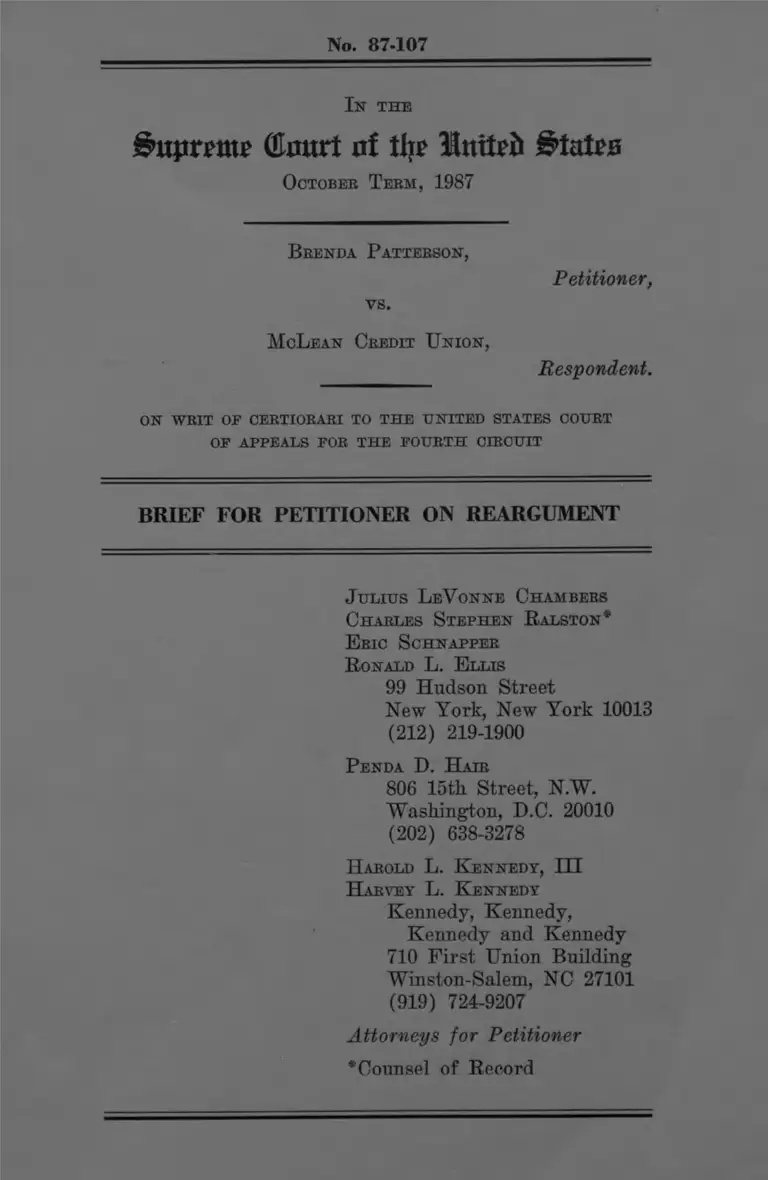 Patterson v. McLean Credit Union Brief for Petitioner on Reargument preview