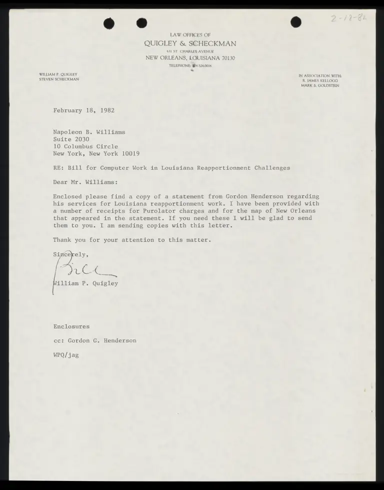 Letter to Napoleon Williams from William Quigley RE bill for computer work preview