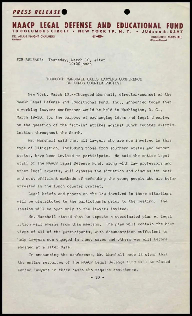 Thurgood Marshall Calls Lawyers Conference on Lunch Counter Protest preview