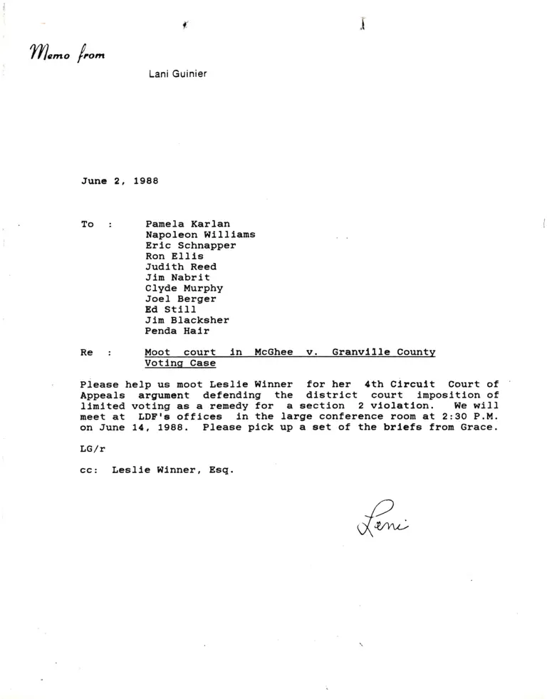 Correspondence from Lani Guinier to Karlan, Williams, Schnapper, Ellis, Reed, Nabrit, Murphy, Berger, Still, Blacksher, and Hair Re Moot Court in McGhee v. Granville County Voting Case preview