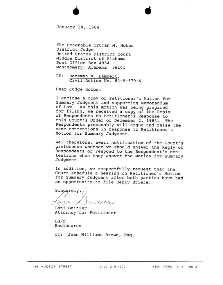 Letter from Lani Guinier to Hon. Truman Hobbs RE: Bozeman v. Lambert preview