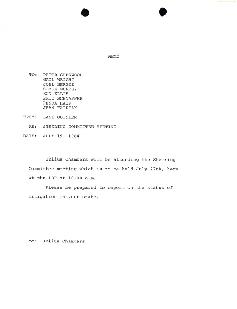 Memo from Lani Guinier to Sherwood, Wright, Berger, Murphy, Ellis, Schnapper, Hair, Fairfax Re Steering Committee Meeting preview