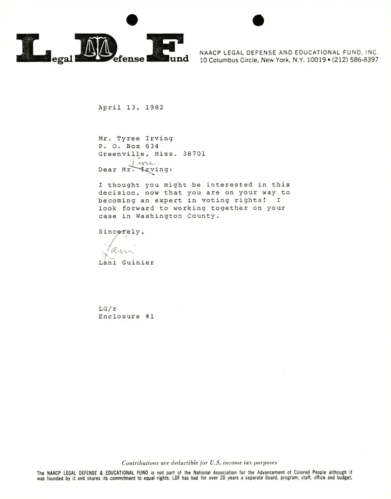 Letter from Lani Guinier to Tyree Irving RE: Recent Court Decision preview
