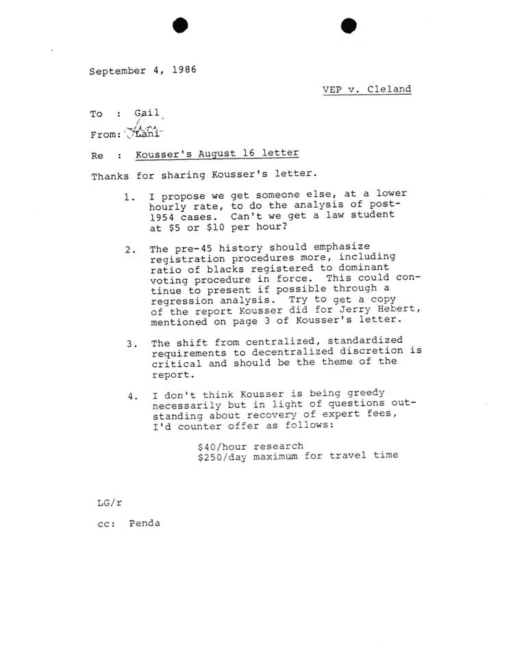Correspondence from Lani Guinier to Gail Re Kousser's August 16 Letter (VEP v. Cleland) preview