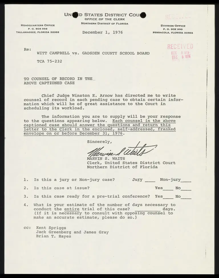 Correspondence from Clerk to Counsel Re: Request for Answers preview