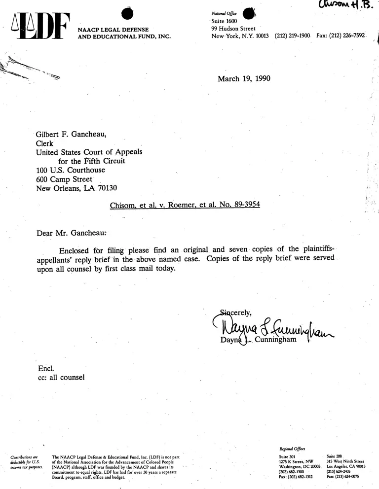 Correspondence from Cunningham to Ganucheau; Reply Brief for Plaintiffs-Appellants preview