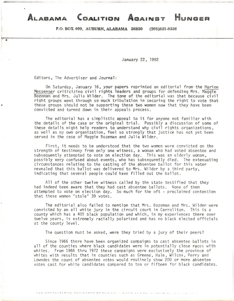 Correspondence from Edwards (Alabama Coalition Against Hunger) to the Editors of the Marion Messenger preview