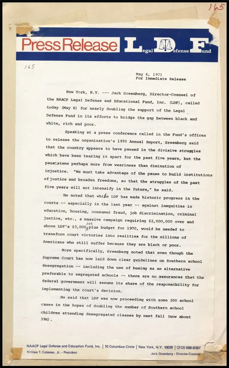 Greenberg Calls for Renewed Efforts and Funds in Press Conference for 1970 Annual Report preview